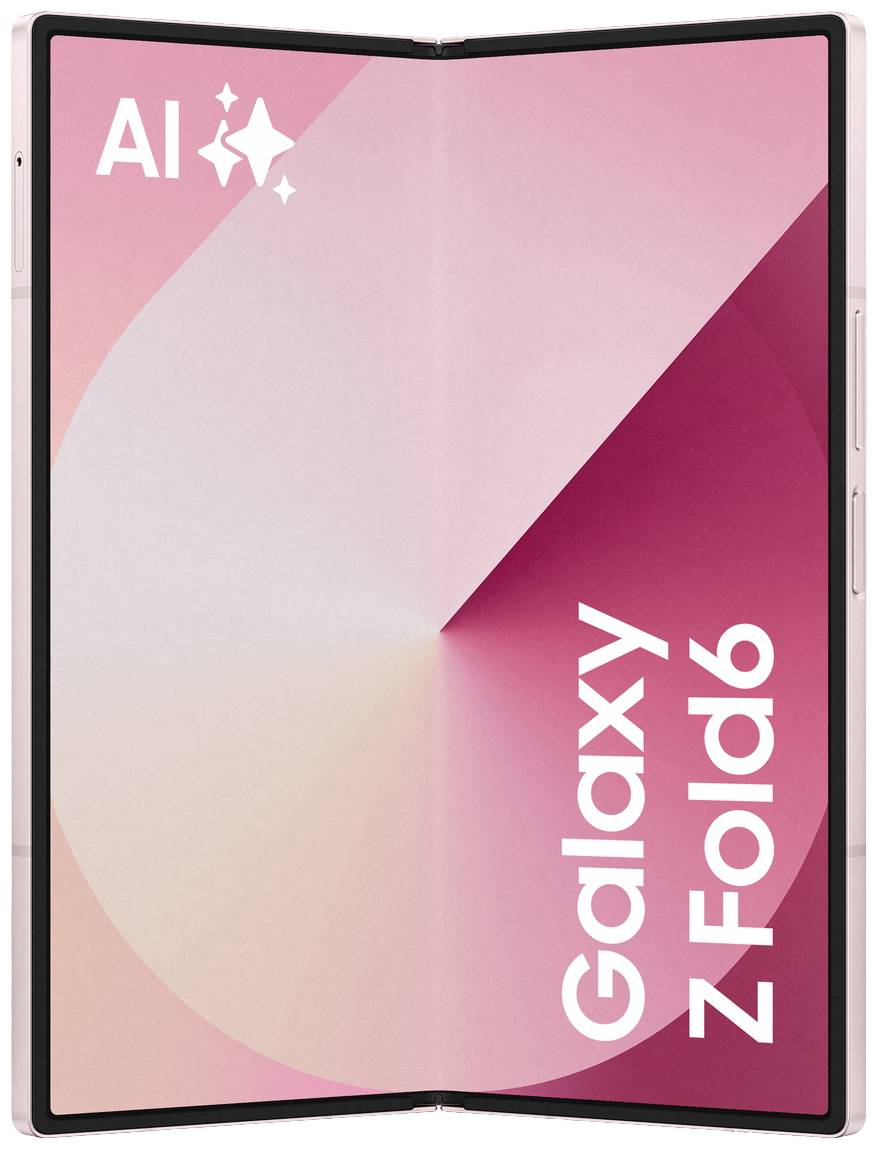 Das Bild zeigt ein aufgeklapptes Smartphone-Modell 'Galaxy Z Fold6' mit einem großen Display und einer farbenfrohen Grafik auf dem Bildschirm.