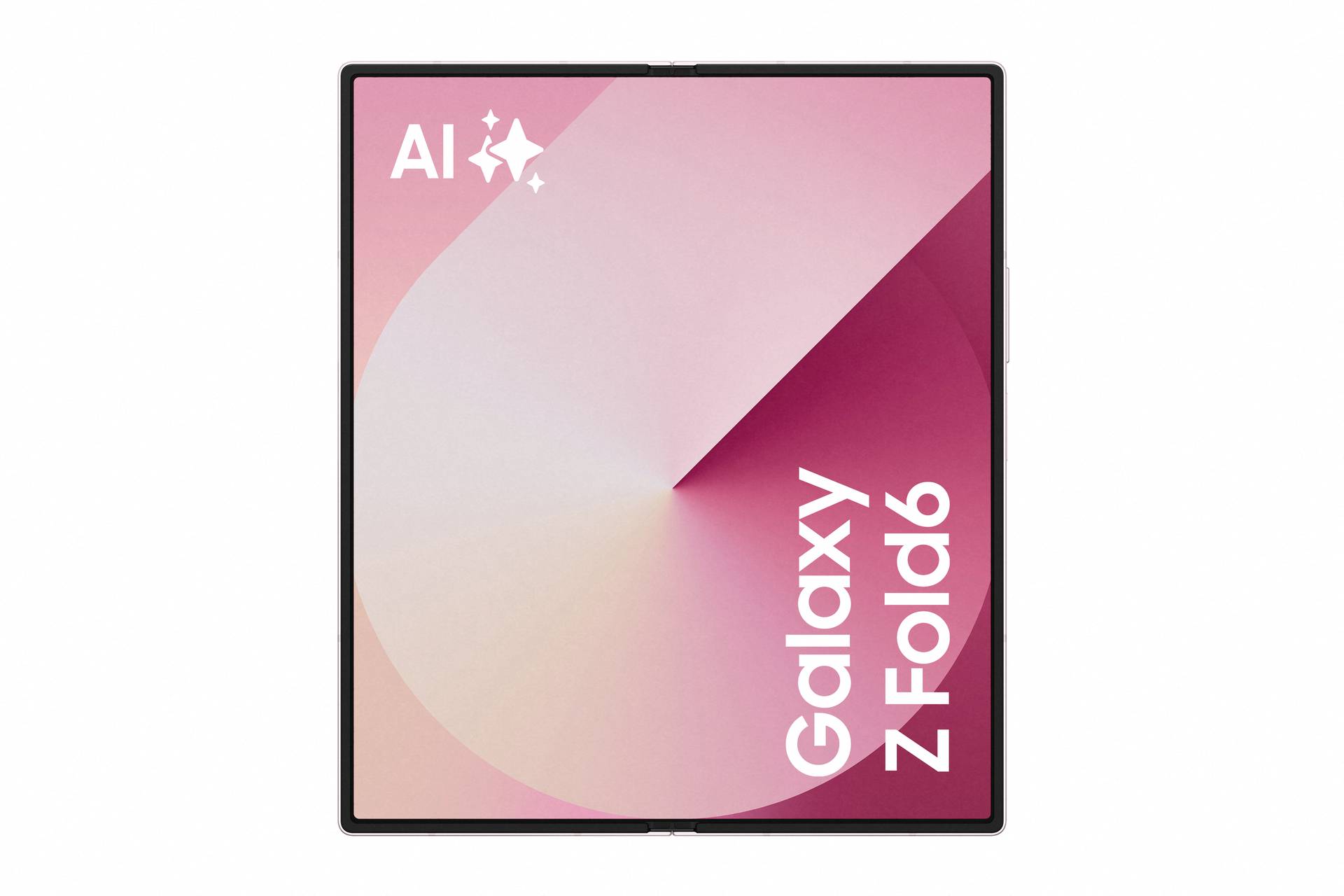Plakat mit rosa Hintergrund zeigt den Text 'AI' und 'Galaxy Z Fold6'. Es betont moderne Technologie und Innovation.