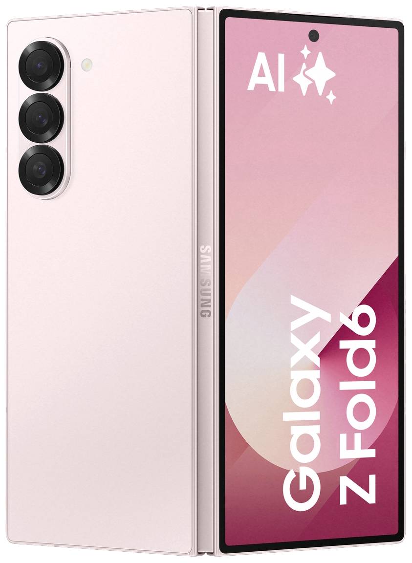 Ein aufgeklapptes Samsung Galaxy Z Fold6 in Rosé mit drei Kameras hinten. Auf dem Display steht 'AI' und 'Galaxy Z Fold6'.