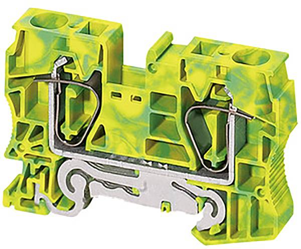 Ein gelb-grüner Klemmenblock mit Metallkontakt für die elektrische Verdrahtung, zeigt Details der Drahtbefestigung.
