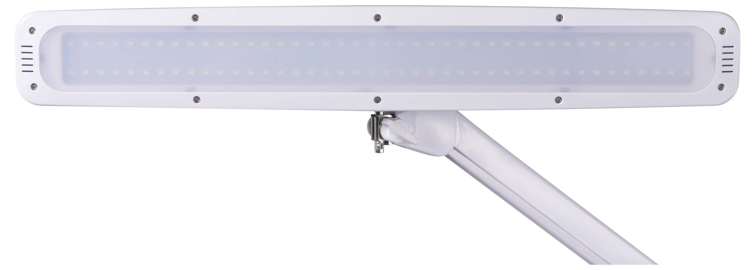 Eine schmale, rechteckige LED-Lampe mit weißem Gehäuse, an einer Halterung befestigt und nach unten ausgerichtet.