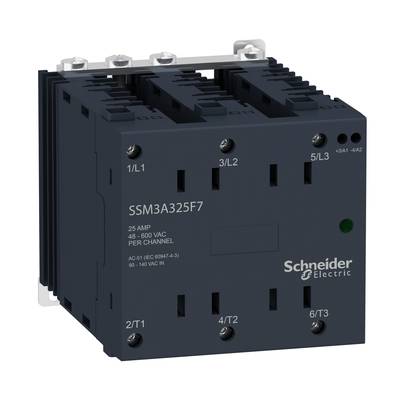 Elektronisches Relais 'Schneider Electric SSM3A325F7', 25 Ampere, 48–600 VAC, Nennleistungsanzeige vorne.