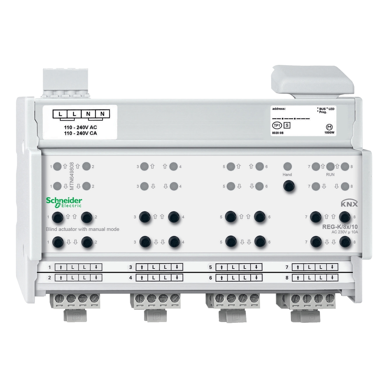 Bild eines KNX-Jalousieaktors von Schneider Electric. Das Gerät zeigt Anschlussklemmen und Bedienelemente für die Steuerung von Jalousien.