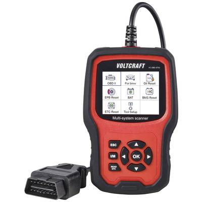 OBD-II-Diagnosegerät mit Bildschirm, auf dem mehrere Diagnosemodi angezeigt werden. Das Gerät ist rot-schwarz und kabelgebunden.