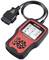 Ein rotes OBD2-Diagnosegerät mit Bildschirm zeigt verschiedene Kfz-Systeme zur Fehlerdiagnose. Es hat Tasten zur Navigation.