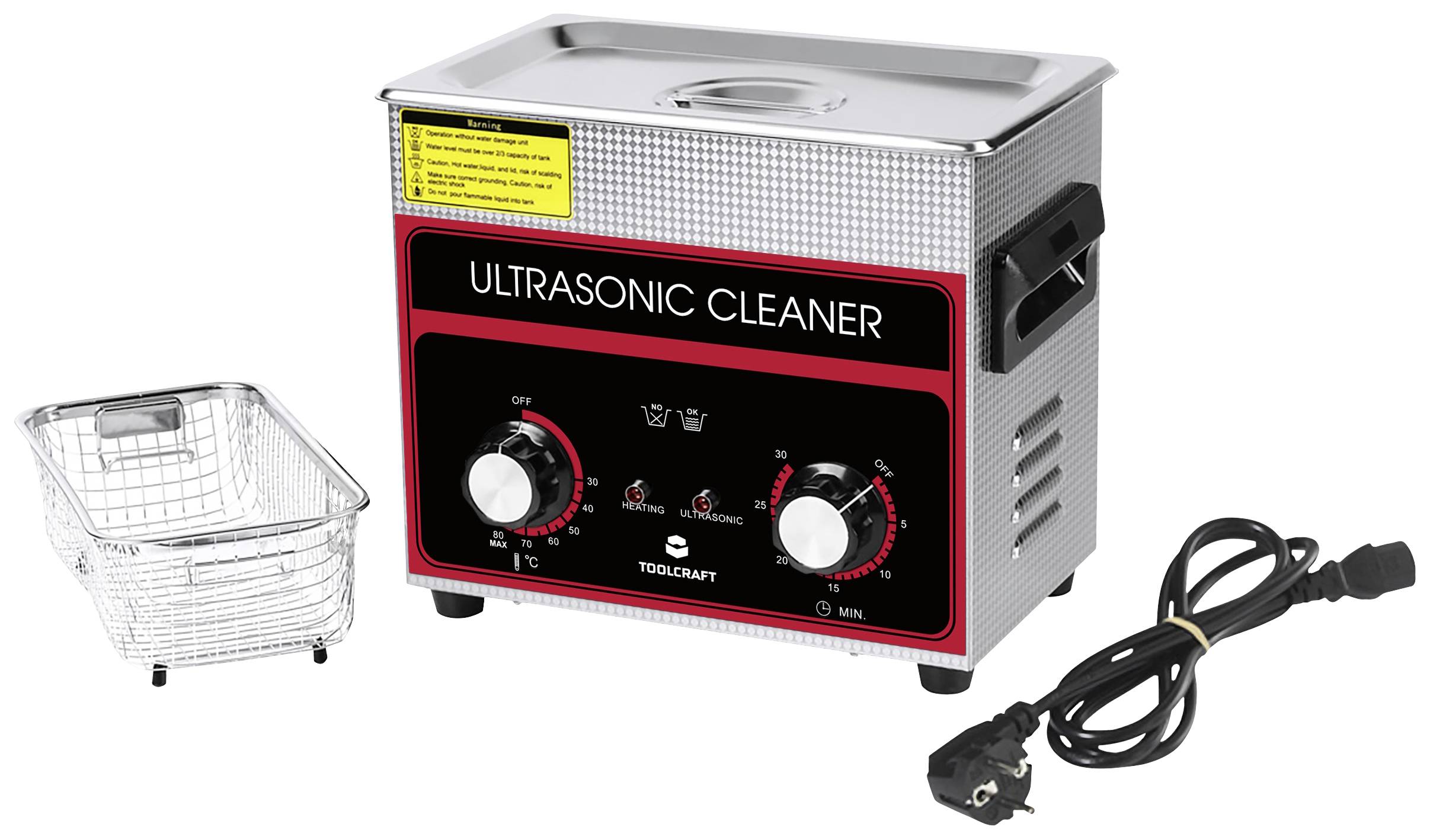 Ultraschallreiniger mit Edelstahlgehäuse, zwei Drehknöpfen zur Steuerung, abnehmbarem Drahtkorb und Netzkabel, ideal für gründliche Reinigung.