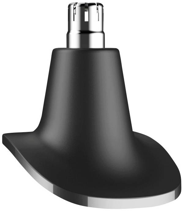 Ein schwarzer, konisch geformter Adapter mit einem metallischen Anschluss oben, möglicherweise ein technisches Zubehörteil.