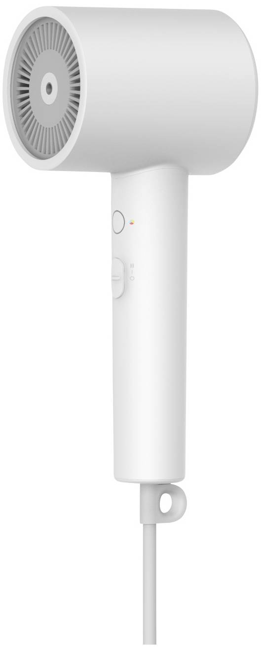 Weißer Haartrockner in seitlicher Ansicht, zeigt das Lüftergitter, ein Netzkabel und Bedienelemente an der Seite des Griffs.