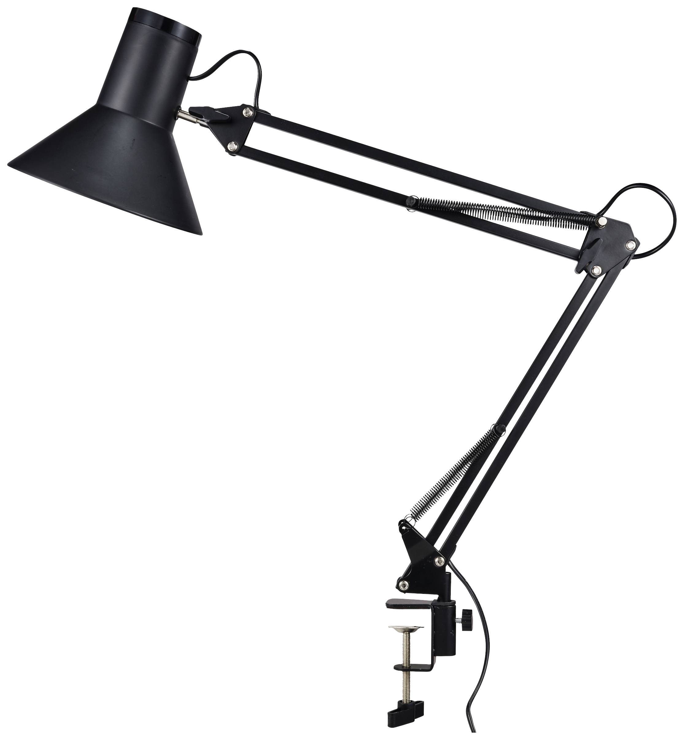 Schwarze Schreibtischlampe mit Gelenkarm und Klemme zur Befestigung an einem Tischrand.