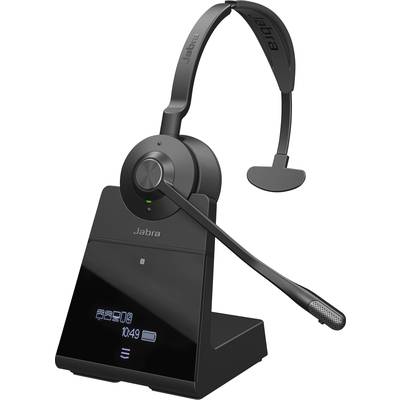 Schnurloses Headset auf Ladestation. Schwarzes Design mit Mikrofonarm, Display zeigt Uhrzeit und Verbindungssymbole an.