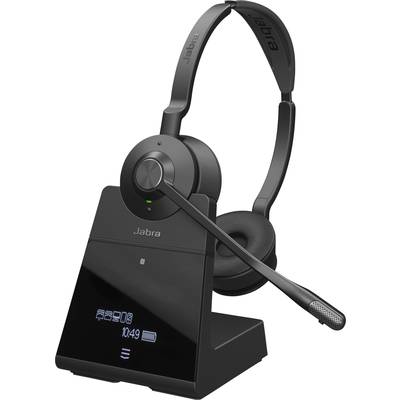 Schwarzes schnurloses Headset auf Dockingstation, Marke 'Jabra'. Digitalanzeige mit Uhrzeit. Headset für Telefonie und Kommunikation.