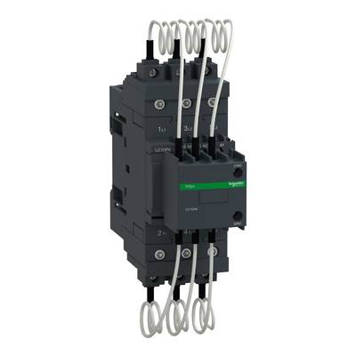 Ein schwarzer elektrischer Schütz mit mehreren Anschlüssen und grüner Beschriftung. Markenname 'Schneider Electric' auf dem Gerät.