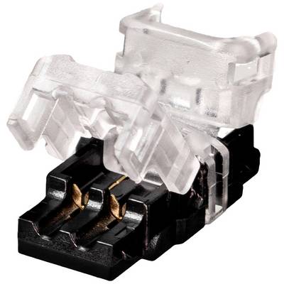 Ein transparenter Clip ist an einem schwarzen Steckverbinder befestigt.