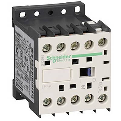 'Schneider Electric Schütz' mit Schraubanschlüssen. Vorderseite zeigt Beschriftungen und Schalter mit Ein/Aus-Symbolen. Verwendung in elektrischen Schaltungen.