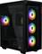 Schwarzes PC-Gehäuse mit Seitenfenster. Vier interne Lüfter leuchten in Regenbogenfarben.