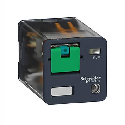 Ein Relais der Marke Schneider Electric, Modell RUM, in einem transparenten Gehäuse, sichtbar sind interne Mechanismen und Anschlüsse.