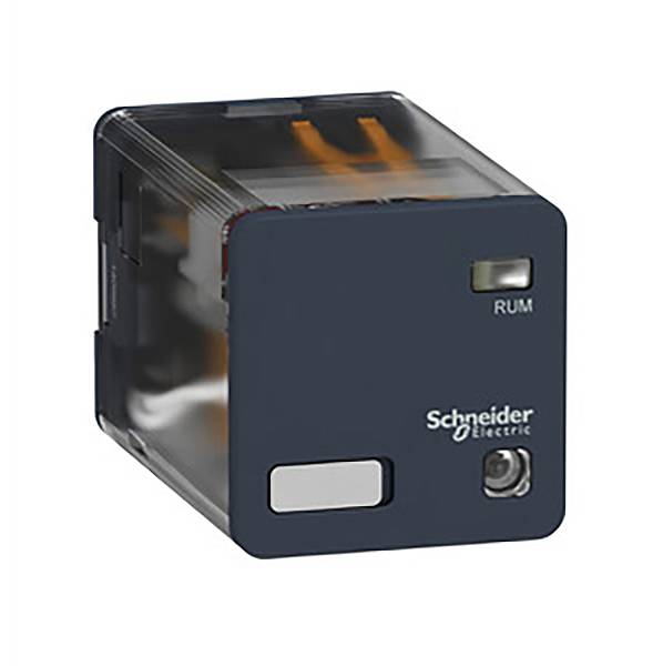 Schwarzes Elektromodul mit 'Schneider Electric'-Logo und LED-Anzeige für RUM, wahrscheinlich ein Relais zur Steuerung von Stromkreisen.