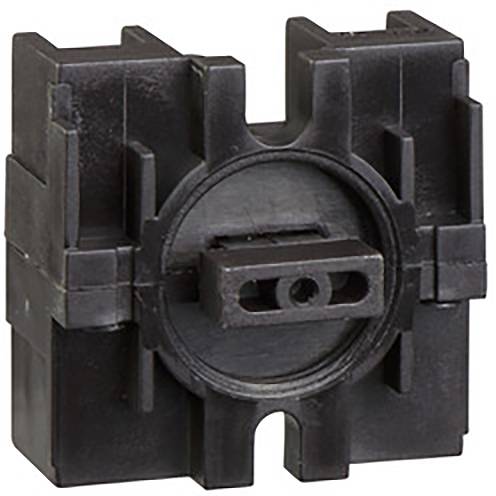 Schwarzes Kunststoffteil mit quadratischer Basis und kreisförmiger, zentrierter Struktur. Technikbauteil, möglicherweise für Befestigungszwecke.