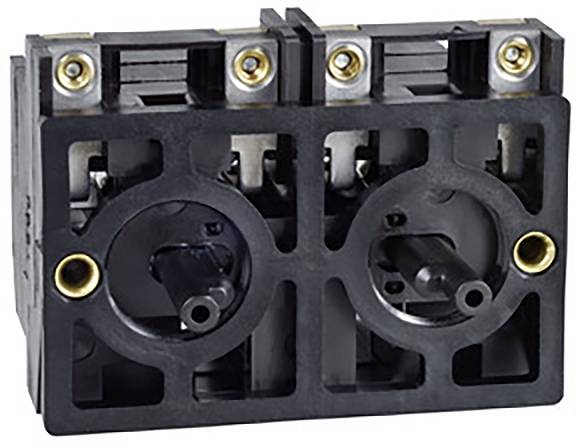 Ein schwarzer, rechteckiger elektrischer Steckverbinder mit vier Anschlüssen, zwei schwarze Buchsen und goldene Kontaktpunkte.