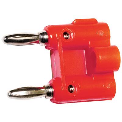 Roter Kunststoffstecker mit zwei Metallstiften, verwendet für elektrische Verbindungen.