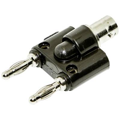 Schwarz-silberner Adapter mit zwei metallischen Steckverbindern unten und einem zylindrischen Anschluss oben, vor weißem Hintergrund.