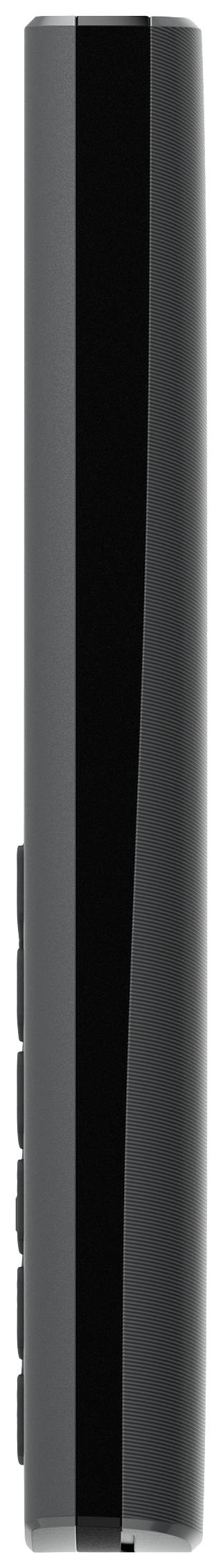 Schwarze Fernbedienung, seitlich gesehen mit schmalem Design und Tasten an der Seite.