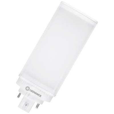 Eine weiße LED-Lampe der Marke Ledvance, die leicht schräg fotografiert ist, zeigt die Steckverbindungen und das Logo an der Basis.