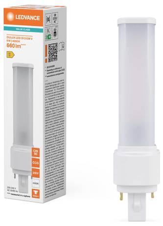 'Eine LED-Glühbirnen-Verpackung mit einer LEDVANCE DULUX LED-Glühbirne. Die Verpackung hebt Merkmale wie 6W Leistung, 660 Lumen und 4000K Licht hervor.'