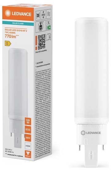 „LEDVANCE DULUX LED D/E18 HF V"-Schachtel neben LED-Glühbirne. 7W, 4000K, 770 Lumen, CRI 80, für ECG geeignet. Die Verpackung zeigt die Energieeffizienzklasse und einen QR-Code.