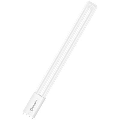 Eine lange, weiße Leuchtstofflampe mit vier Pins am Sockel. Sie ist in einem neutralen Hintergrund platziert.