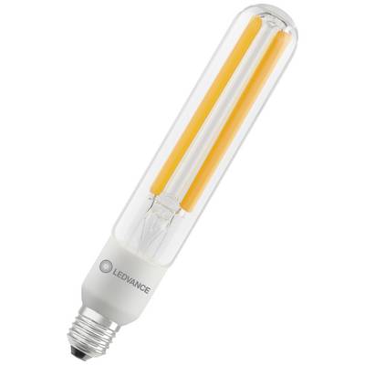 Eine LED-Glühbirne in Röhrenform mit orangefarbenen Filamenten und einer E27-Fassung der Marke Ledvance.