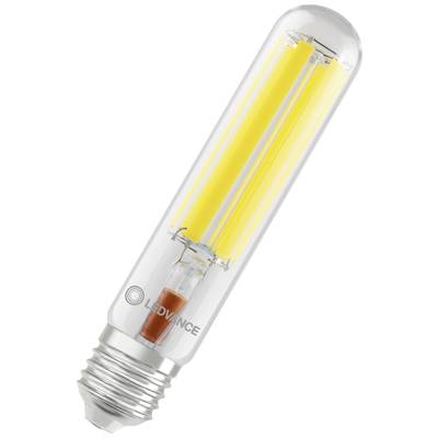 Eine LED-Glühbirne in klarem Glasdesign mit gelben Filamenten und metallener Fassung.