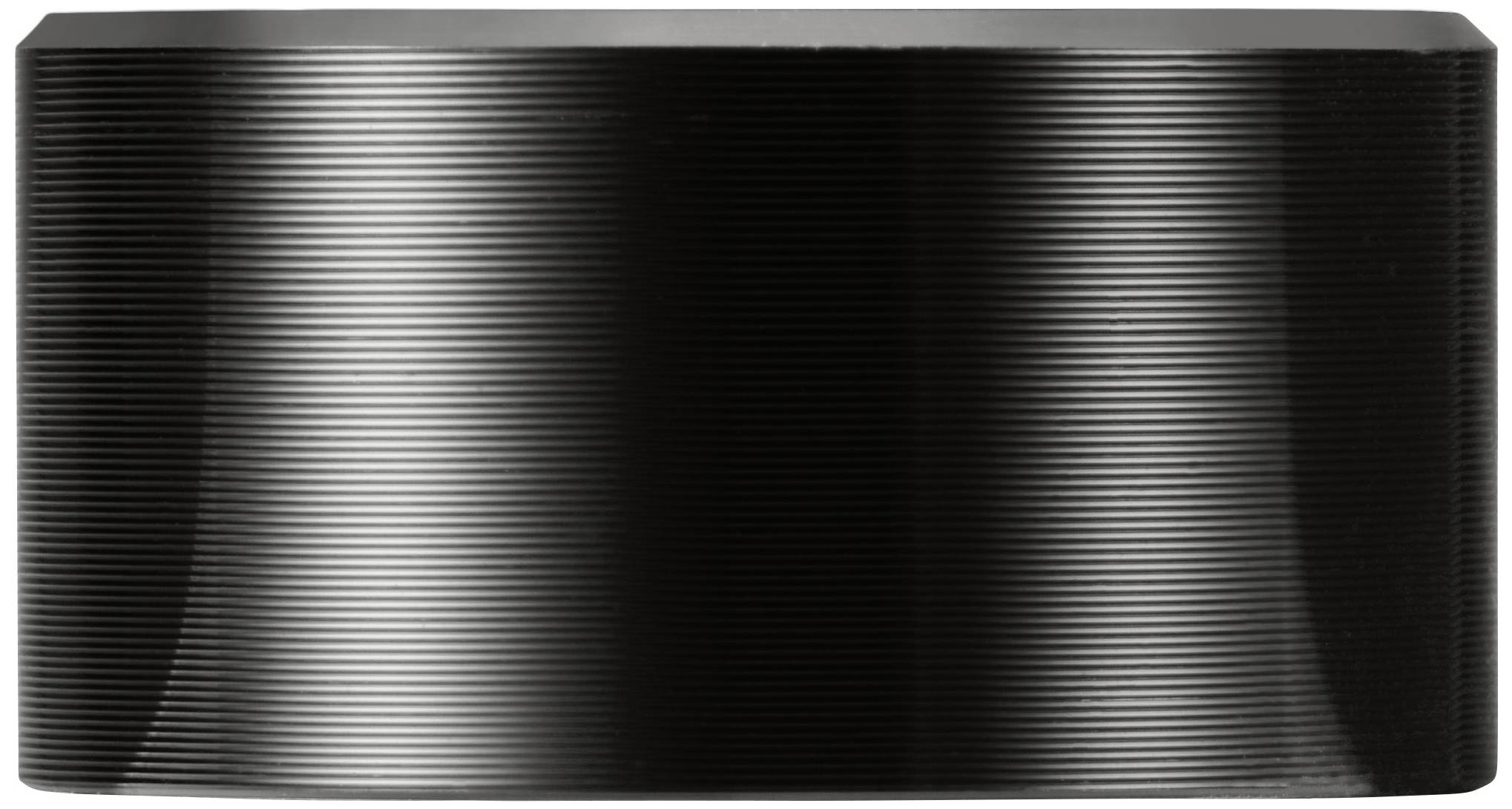 Ein schwarzes, zylindrisches Objekt mit horizontalen Linienmustern auf der Oberfläche.