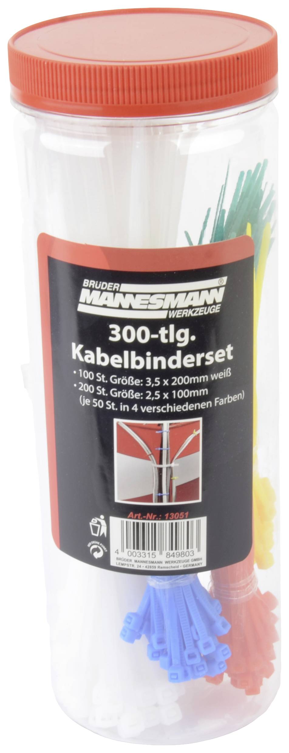 BRÜDER MANNESMANN M13051 Kabelbinder-Sortiment 100 mm, 200 mm Weiß, Rot, Grün, Gel