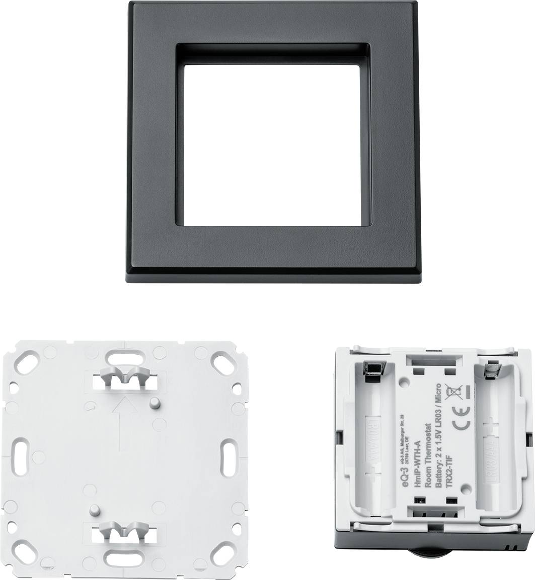 Ein schwarzer Rahmen, eine weiße Unterputzdose und eine weiße Schaltereinheit sind dargestellt. Ideal für elektrische Installationen.