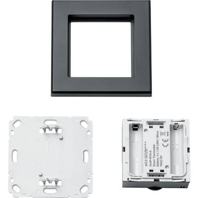 Ein schwarzer Rahmen, eine weiße Unterputzdose und eine weiße Schaltereinheit sind dargestellt. Ideal für elektrische Installationen.