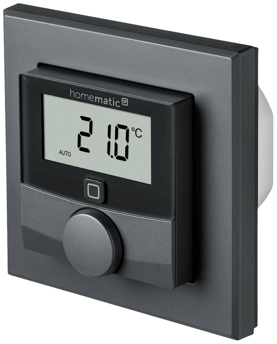 Ein Smart-Thermostat zeigt '21,0°C AUTO' an. Es ist in eine Wand montiert und reguliert die Raumtemperatur automatisch.