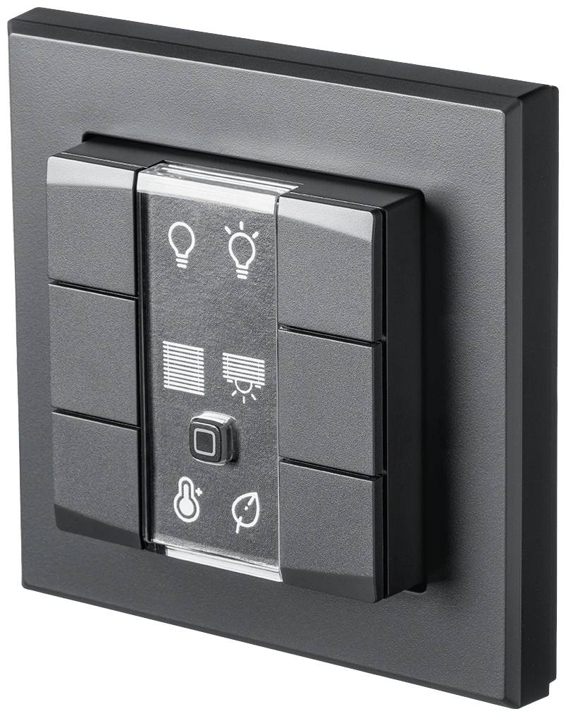 Lichtschalter-Panel mit sieben Tasten, jeweils mit Symbolen für Licht, Jalousie, Temperatur und Energiesparmodus.