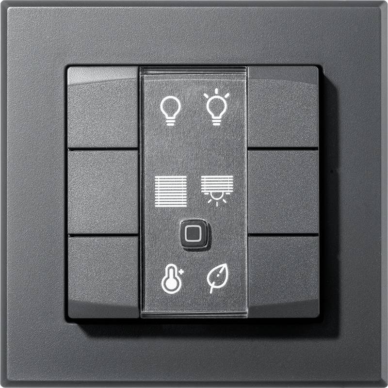 Schalter mit Symbolen für Licht, Jalousien, Temperatur und Umwelt. Rechteckige Form, dunkle Farbgebung. Multifunktional.