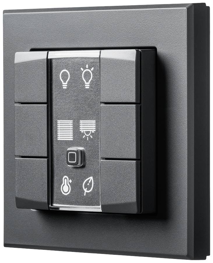 Ein moderner Wandschalter mit Symbolen für Beleuchtung, Jalousiensteuerung, Temperaturregelung und Energiesparen, in schwarzer Farbe.