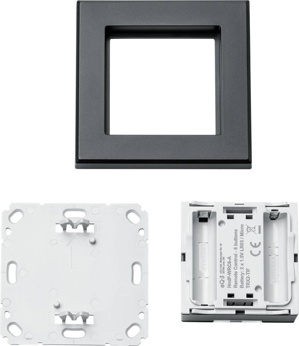 Schwarzer quadratischer Rahmen über weißem Unterteil und Rückansicht eines Unterputzmoduls mit Anschlussklemmen und Modellinformationen.