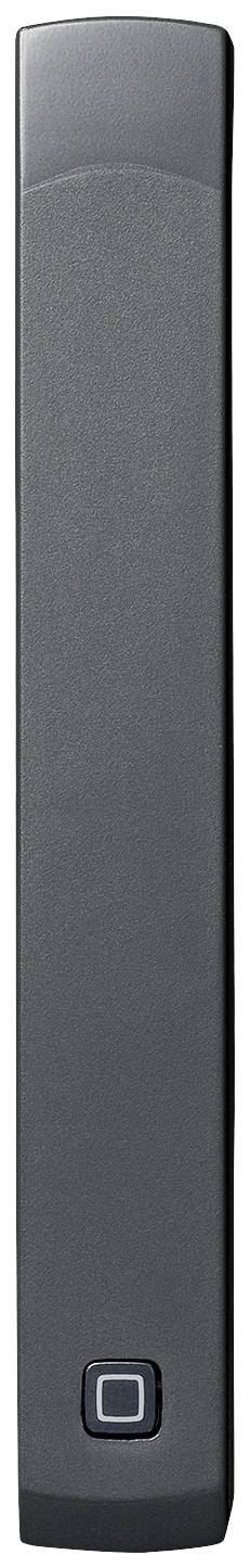 Schwarzes, rechteckiges Gerät mit abgerundeten Kanten; kleine quadratische Taste unten.