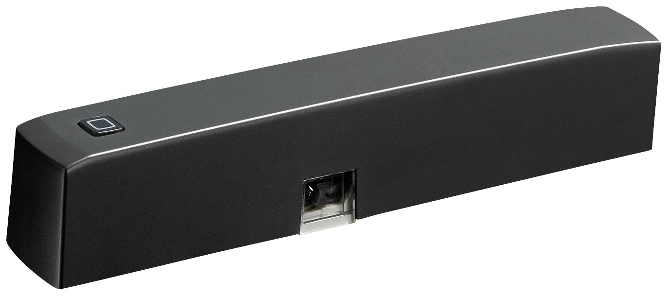 Ein schwarzer Bewegungssensor mit einem Knopf auf der Vorderseite und einer Linse in der Mitte.