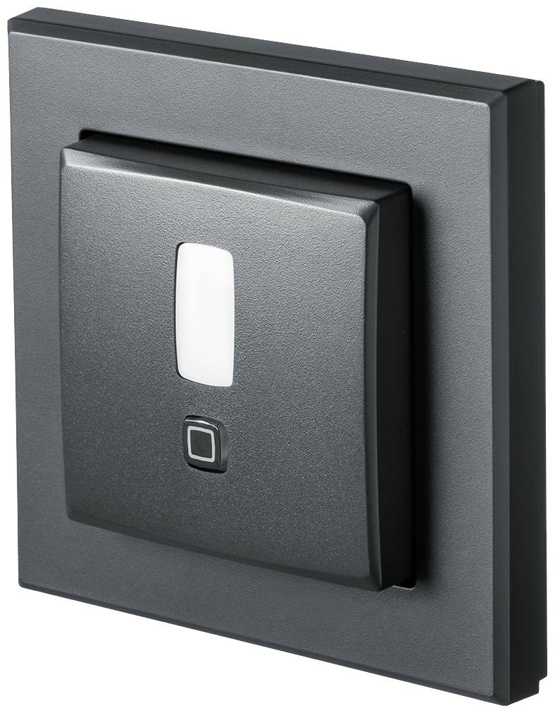 Ein moderner, quadratischer Lichtschalter in schwarz mit einem kleinen, zentralen weißen Streifen zeigt an, ob der Schalter ein- oder ausgeschaltet ist.