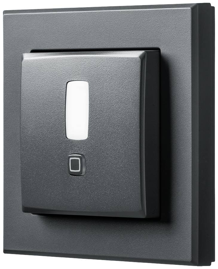 Schwarzer Wandschalter mit integriertem weißen Lichtanzeiger in der Mitte und kleinem Druckknopf darunter.