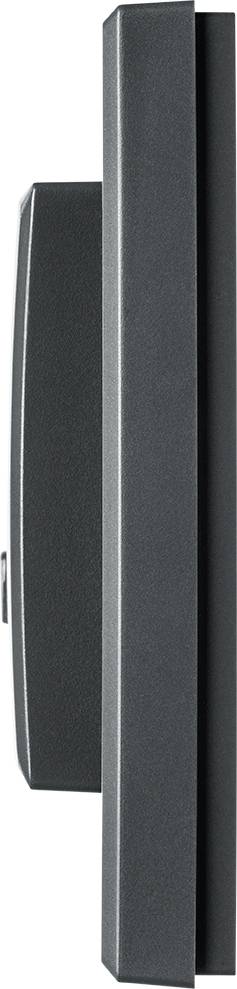 Dunkelschwarze, rechteckige Kante eines elektronischen Geräts von der Seite gesehen.