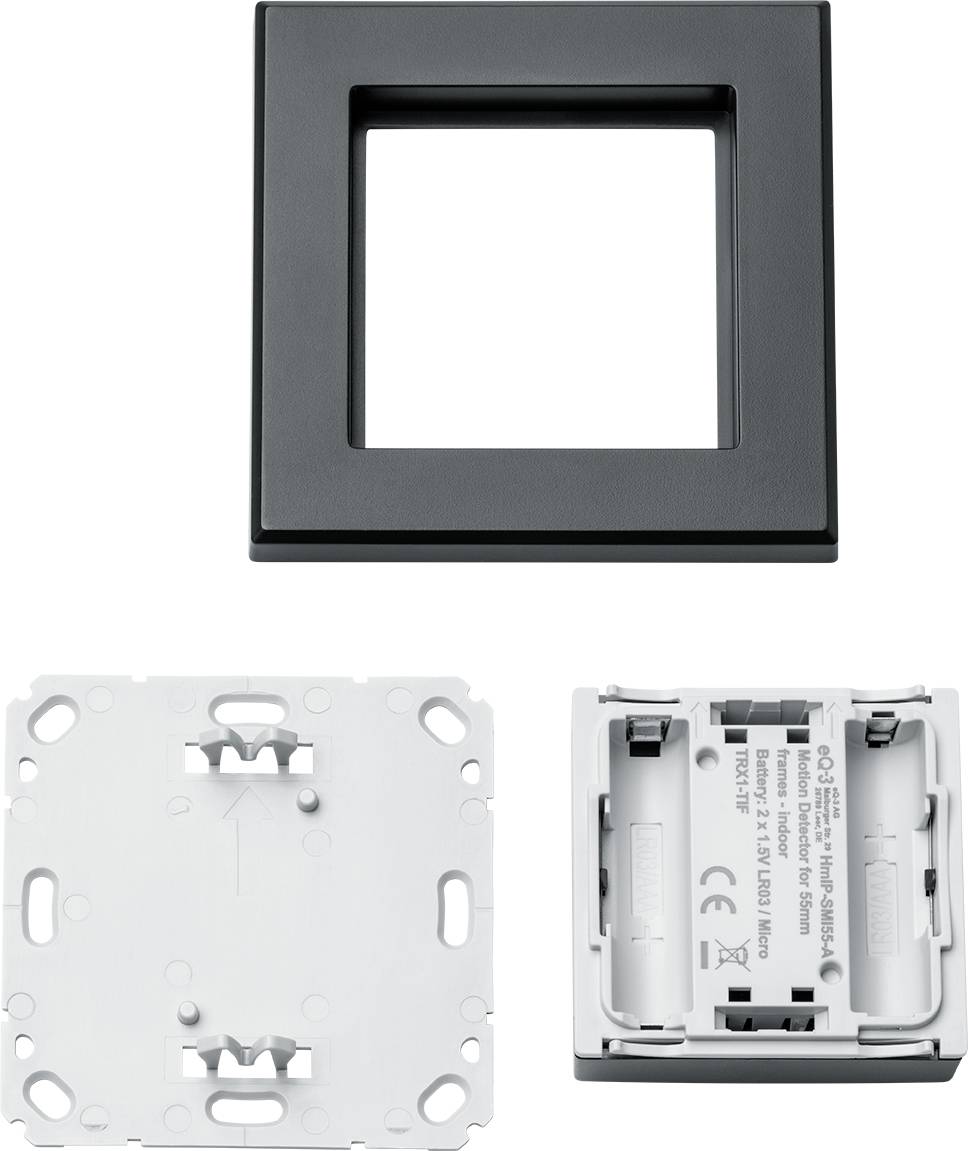 Schalterrahmen aus schwarzem Kunststoff, kompatibel mit verschiedenen Schaltern und Steckdosen, Front- und Rückansicht des Rahmens.