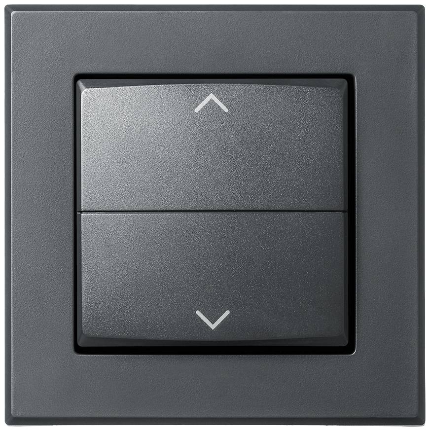 Doppellichtschalter in der Mitte eines rechteckigen Gehäuses, Pfeile nach oben und unten zeigen die Schaltfunktionen an.