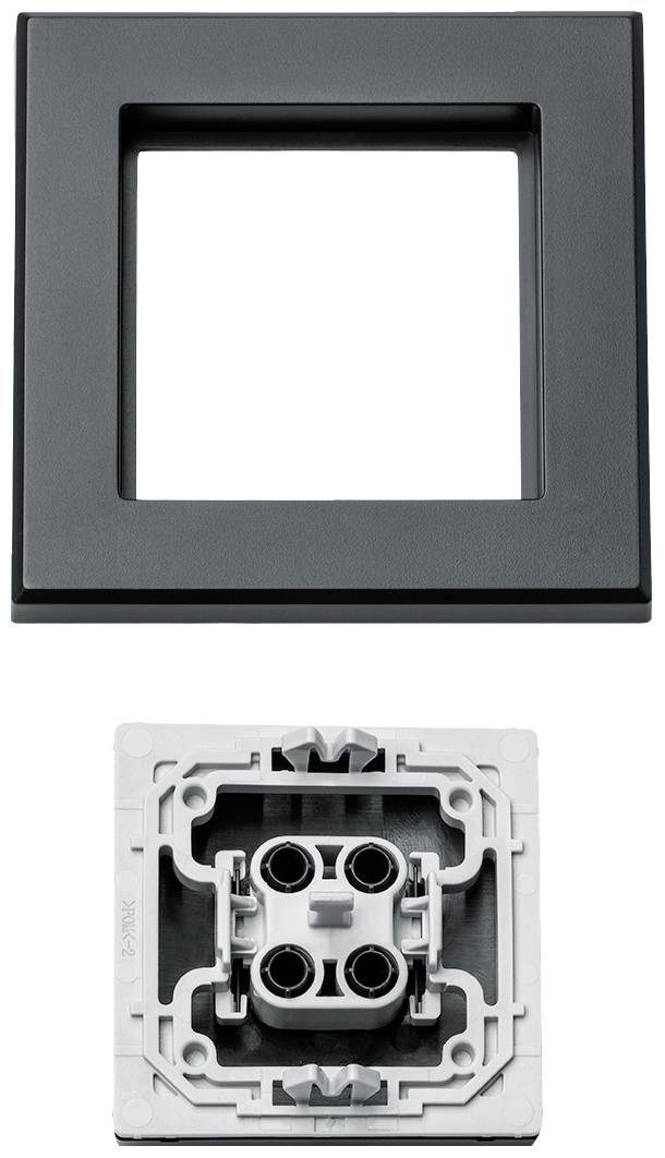 Schwarzer quadratischer Rahmen und darunter eine graue Unterputzdose für Elektroinstallationen, frontal abgebildet.