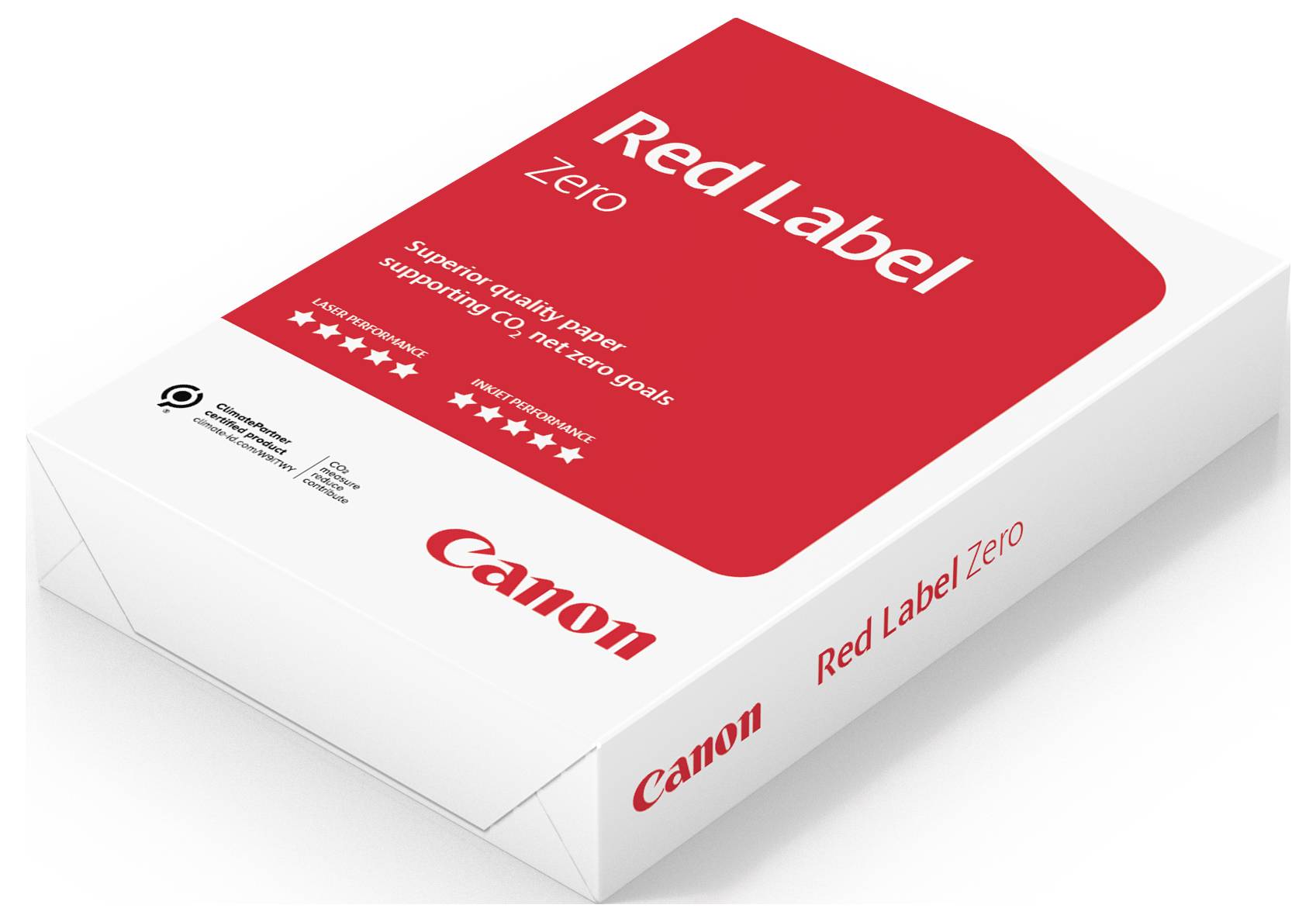 Canon „Red Label Zero" Papierpaket in Kartonbox, weiß-rote Verpackung mit Angaben zu recyceltem Papier und CO₂-Neutralität auf dem Deckel.